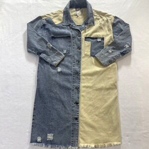 Oli & Holi Boho‎ Mixed Denim Jacket Long Oversize Boutique Button & Snap Size S